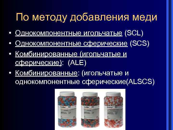 По методу добавления меди • Однокомпонентные игольчатые (SCL) • Однокомпонентные сферические (SCS) • Комбинированные