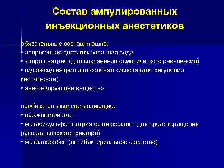 Состав ампулированных инъекционных анестетиков обязательные составляющие: • апирогенная дистиллированная вода • хлорид натрия (для