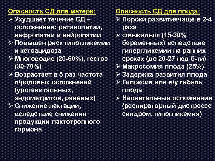 Опасность СД для матери: Ø Ухудшает течение СД – осложнения: ретинопатии, нефропатии и нейропатии