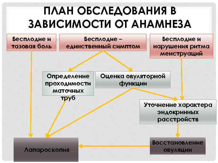 ПЛАН ОБСЛЕДОВАНИЯ В ЗАВИСИМОСТИ ОТ АНАМНЕЗА Бесплодие и тазовая боль Бесплодие – единственный симптом
