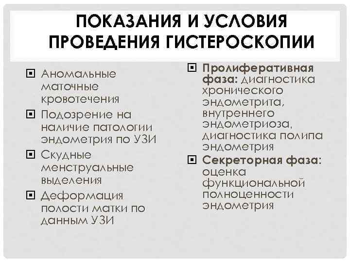 ПОКАЗАНИЯ И УСЛОВИЯ ПРОВЕДЕНИЯ ГИСТЕРОСКОПИИ Аномальные маточные кровотечения Подозрение на наличие патологии эндометрия по