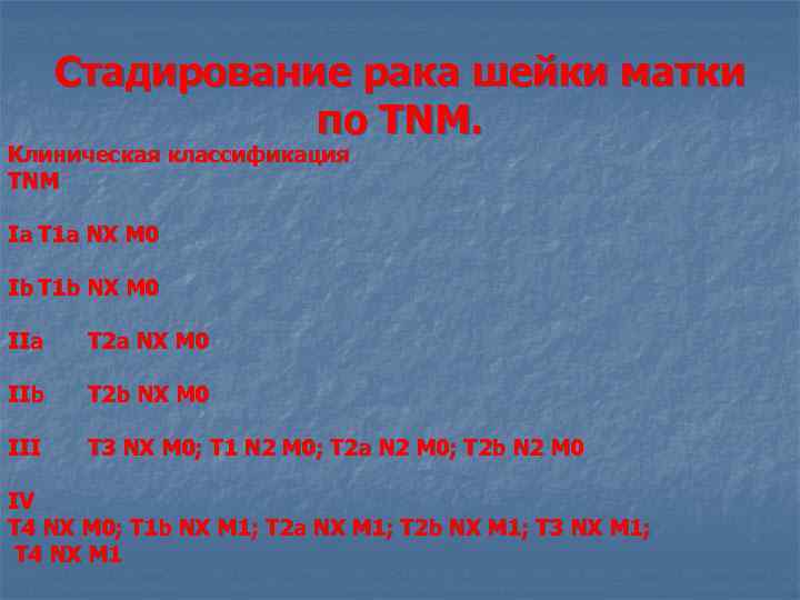 Стадирование рака шейки матки по TNM. Клиническая классификация TNM Ia T 1 a NX