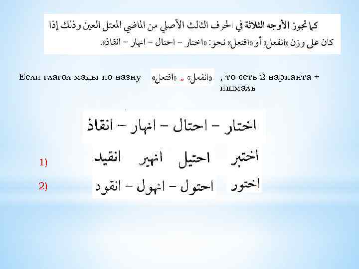 Если глагол мады по вазну 1) 2) , то есть 2 варианта + ишмаль