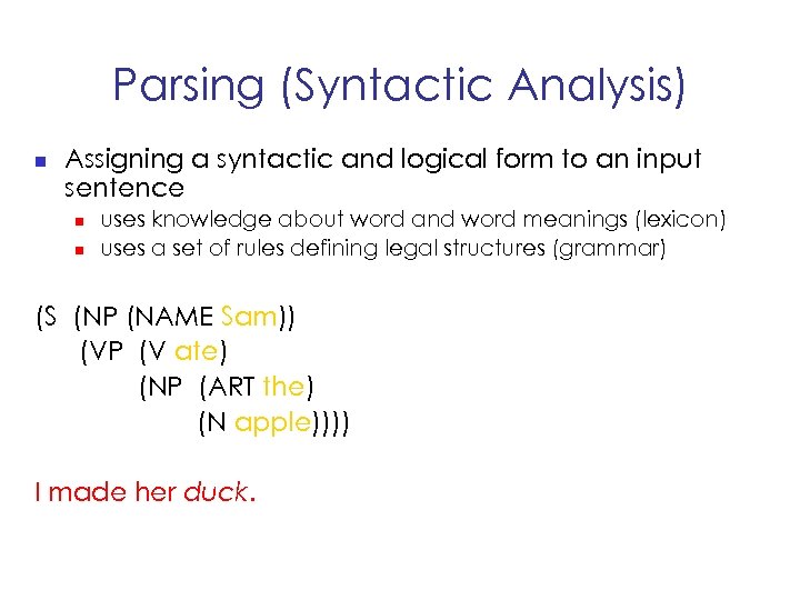 Parsing (Syntactic Analysis) n Assigning a syntactic and logical form to an input sentence