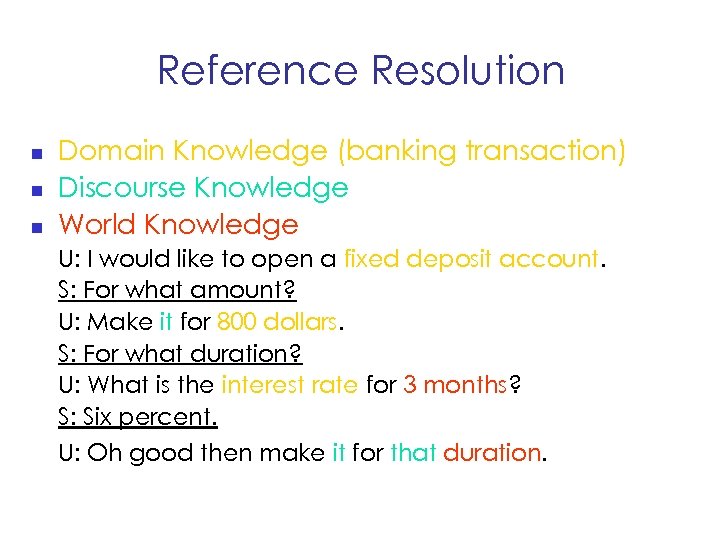 Reference Resolution n Domain Knowledge (banking transaction) Discourse Knowledge World Knowledge U: I would