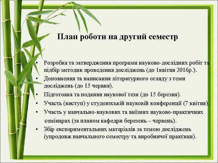 План роботи на другий семестр • Розробка та затвердження програми науково-дослідних робіт та підбір