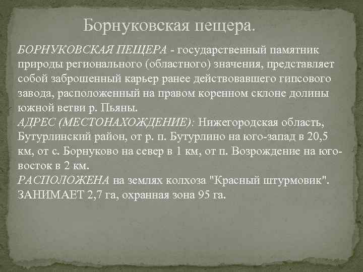 Борнуковская пещера. БОРНУКОВСКАЯ ПЕЩЕРА - государственный памятник природы регионального (областного) значения, представляет собой заброшенный