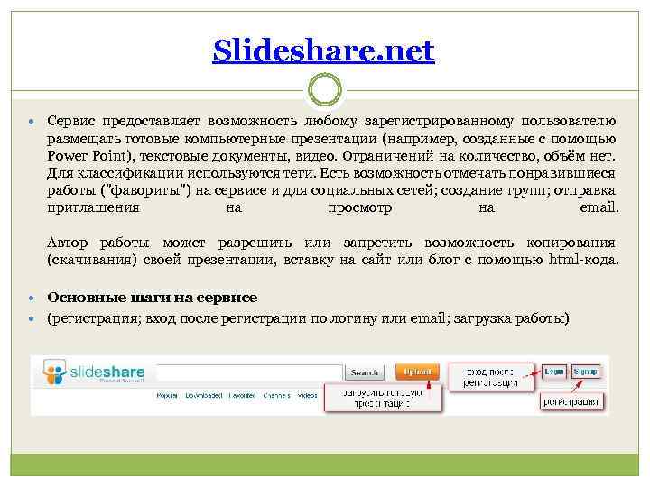 Slideshare. net Сервис предоставляет возможность любому зарегистрированному пользователю размещать готовые компьютерные презентации (например, созданные