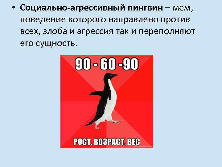  • Социально-агрессивный пингвин – мем, поведение которого направлено против всех, злоба и агрессия