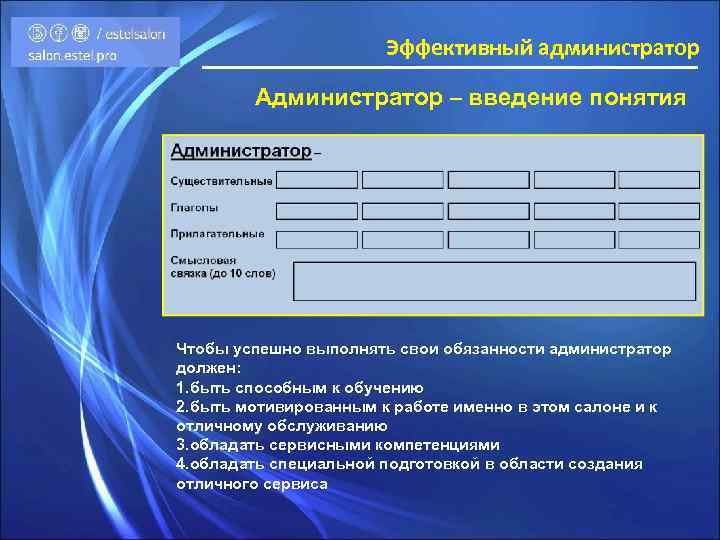 Эффективный администратор Администратор – введение понятия Чтобы успешно выполнять свои обязанности администратор должен: 1.