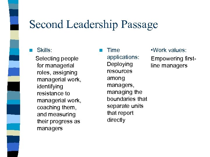 Second Leadership Passage Skills: Selecting people for managerial roles, assigning managerial work, identifying resistance