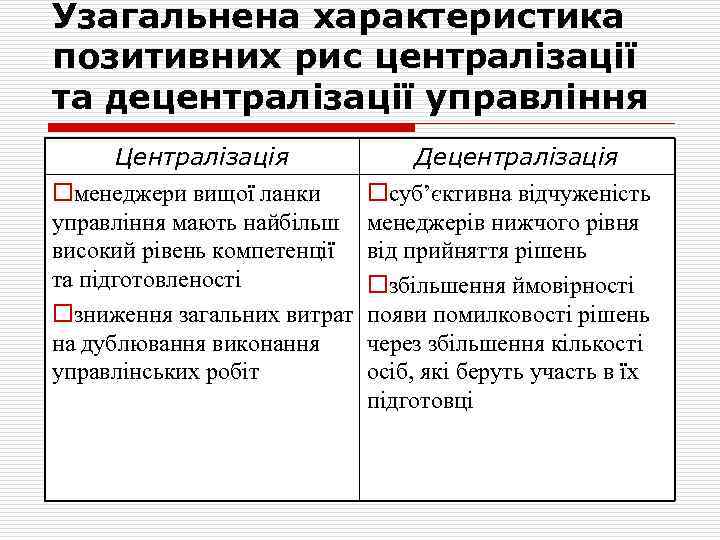 Узагальнена характеристика позитивних рис централізації та децентралізації управління Централізація oменеджери вищої ланки управління мають