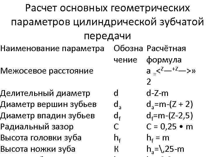 Основной расчет. Основные параметры цилиндрических зубчатых передач. Формула вычисления зубчатой передачи. Межосевое расстояние цилиндрической зубчатой передачи формула. Расчетные формулы зубчатых передач.