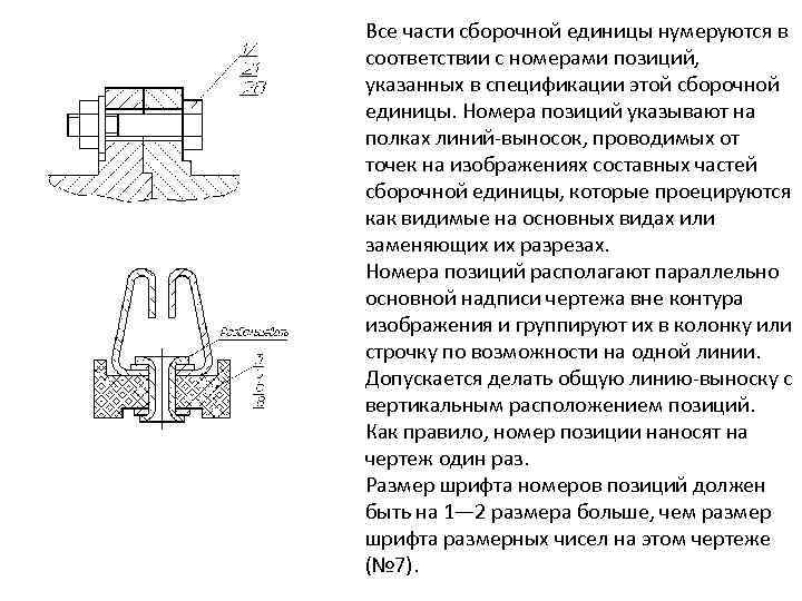 Все части сборочной единицы нумеруются в соответствии с номерами позиций, указанных в спецификации этой