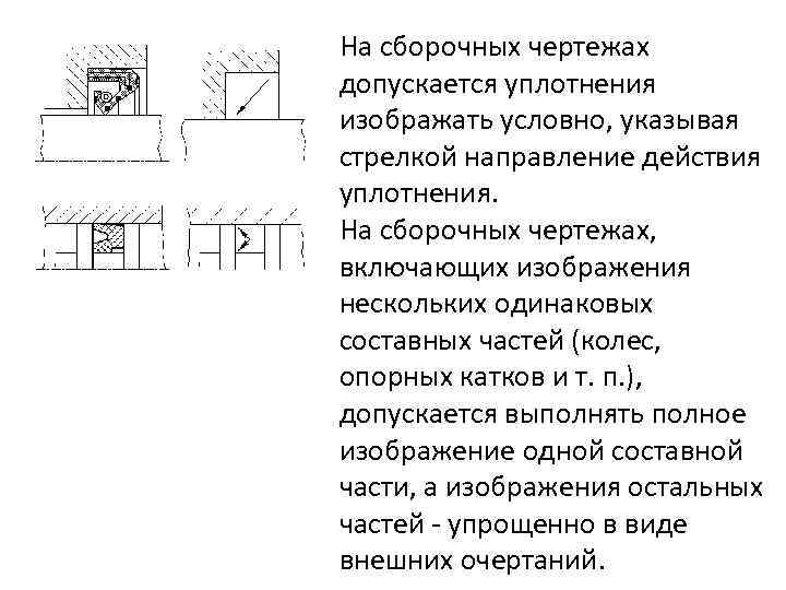  На сборочных чертежах допускается уплотнения изображать условно, указывая стрелкой направление действия уплотнения. На