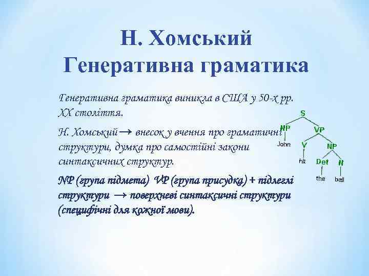 Н. Хомський Генеративна граматика виникла в США у 50 -х рр. XX століття. Н.