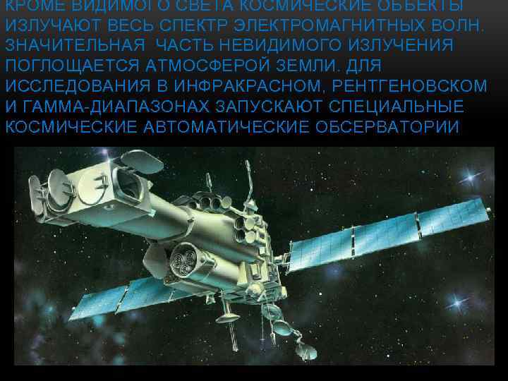 КРОМЕ ВИДИМОГО СВЕТА КОСМИЧЕСКИЕ ОБЪЕКТЫ ИЗЛУЧАЮТ ВЕСЬ СПЕКТР ЭЛЕКТРОМАГНИТНЫХ ВОЛН. ЗНАЧИТЕЛЬНАЯ ЧАСТЬ НЕВИДИМОГО ИЗЛУЧЕНИЯ