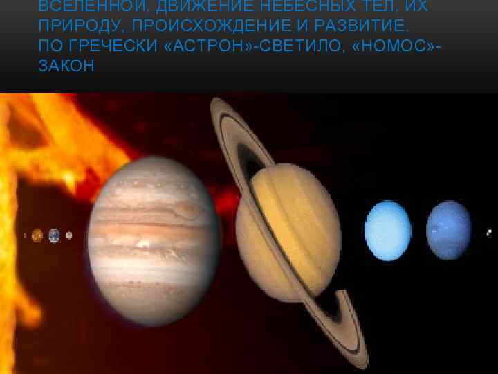 ВСЕЛЕННОЙ, ДВИЖЕНИЕ НЕБЕСНЫХ ТЕЛ, ИХ ПРИРОДУ, ПРОИСХОЖДЕНИЕ И РАЗВИТИЕ. ПО ГРЕЧЕСКИ «АСТРОН» -СВЕТИЛО, «НОМОС»