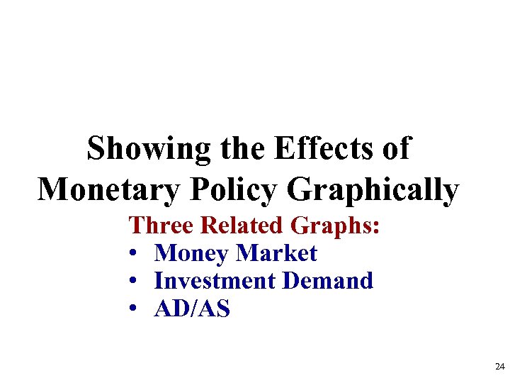 Showing the Effects of Monetary Policy Graphically Three Related Graphs: • Money Market •