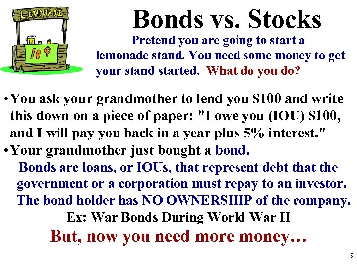 Bonds vs. Stocks Pretend you are going to start a lemonade stand. You need