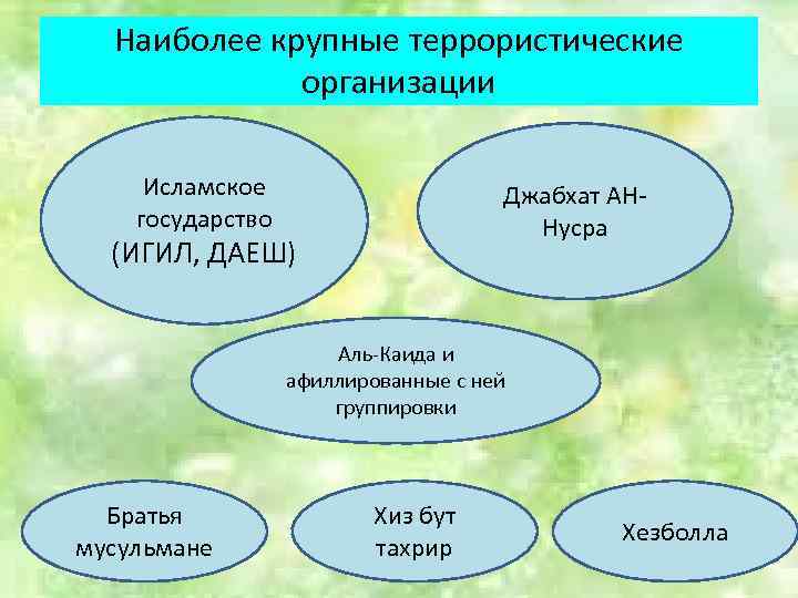 Наиболее крупные террористические организации Исламское государство Джабхат АННусра (ИГИЛ, ДАЕШ) Аль-Каида и афиллированные с