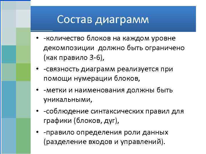 Состав диаграмм • -количество блоков на каждом уровне декомпозиции должно быть ограничено (как правило