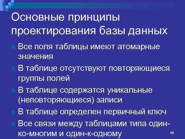 Основные принципы проектирования базы данных Все поля таблицы имеют атомарные значения n В таблице