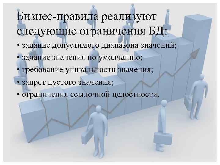Бизнес-правила реализуют следующие ограничения БД: • задание допустимого диапазона значений; • задание значения по