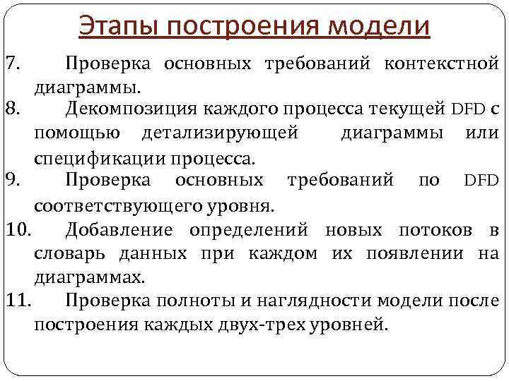 Этапы построения модели 7. Проверка основных требований контекстной диаграммы. 8. Декомпозиция каждого процесса текущей