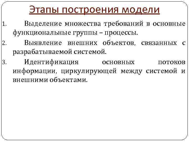 Этапы построения модели Выделение множества требований в основные функциональные группы – процессы. 2. Выявление