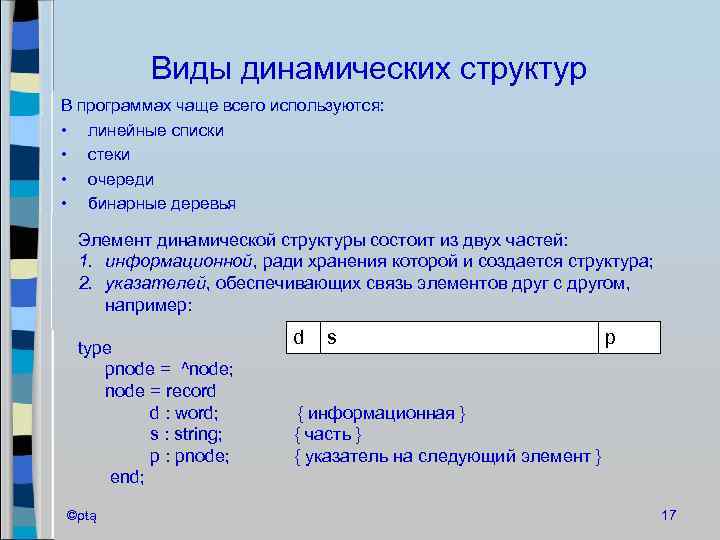 Виды динамических структур В программах чаще всего используются: • линейные списки • стеки •