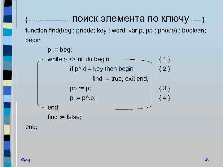 { ---------- поиск элемента по ключу ----- } function find(beg : pnode; key :