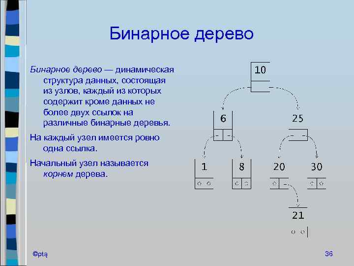Бинарное дерево — динамическая структура данных, состоящая из узлов, каждый из которых содержит кроме