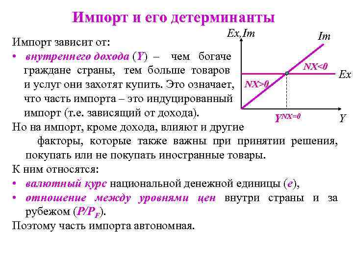 Импорт и его детерминанты Ex, Im Im Импорт зависит от: • внутреннего дохода (Y)