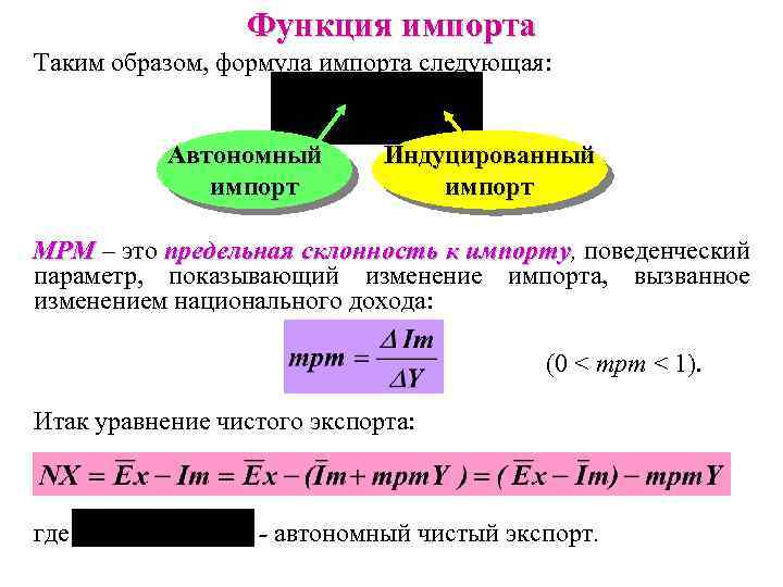 Функция импорта Таким образом, формула импорта следующая: Автономный импорт Индуцированный импорт MРМ – это