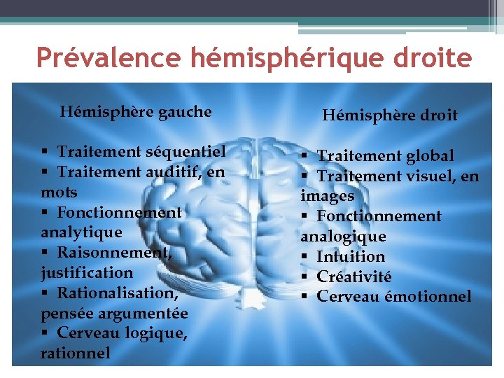 Prévalence hémisphérique droite Hémisphère gauche Hémisphère droit § Traitement séquentiel § Traitement auditif, en