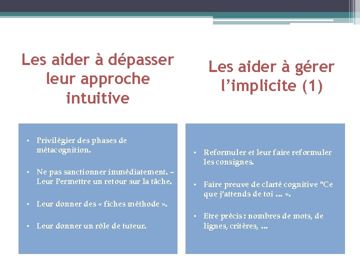 Les aider à dépasser leur approche intuitive • Privilégier des phases de métacognition. •