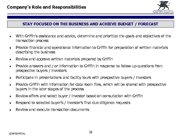 Company’s Role and Responsibilities STAY FOCUSED ON THE BUSINESS AND ACHIEVE BUDGET / FORECAST