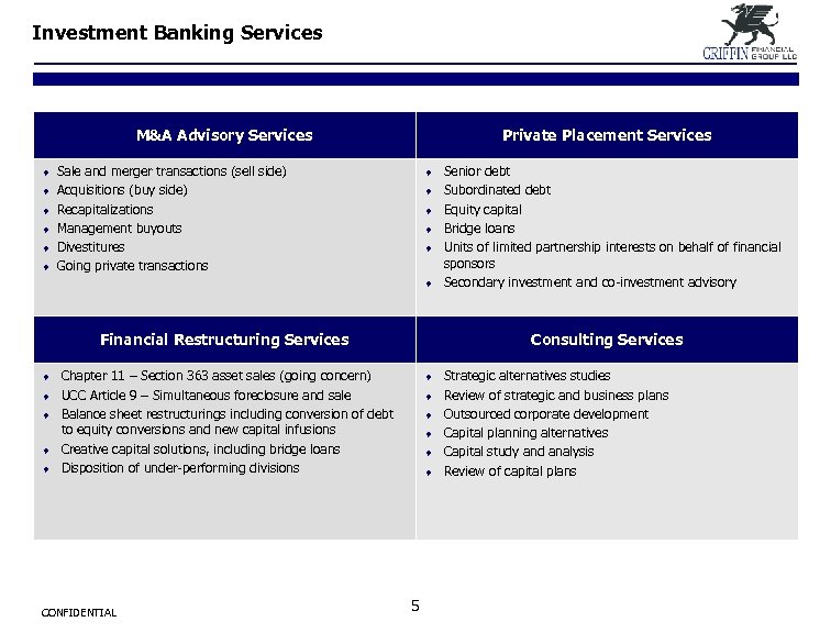 Investment Banking Services M&A Advisory Services Private Placement Services ¨ Sale and merger transactions