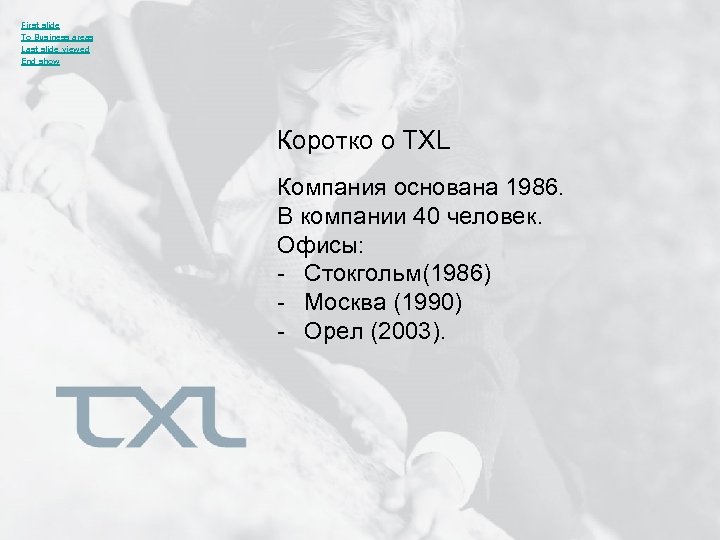 First slide To Business areas Last slide viewed End show Коротко о TXL Компания