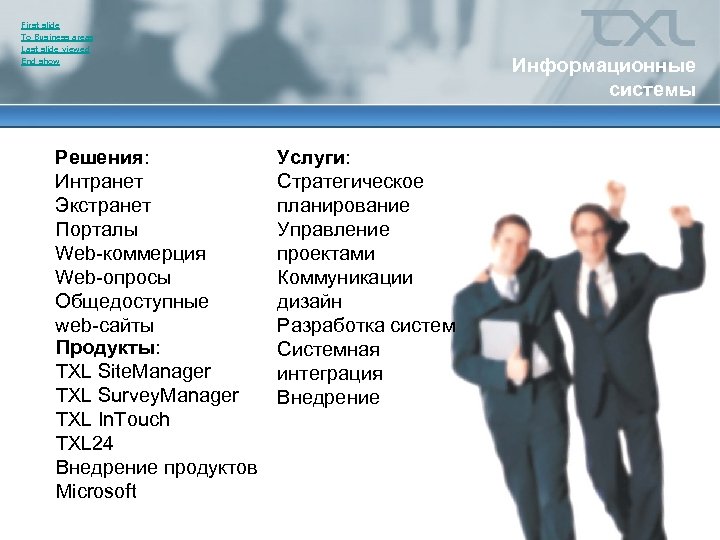 First slide To Business areas Last slide viewed End show Решения: Интранет Экстранет Порталы