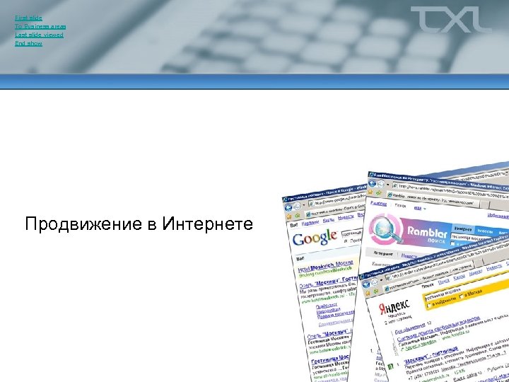 First slide To Business areas Last slide viewed End show Продвижение в Интернете 