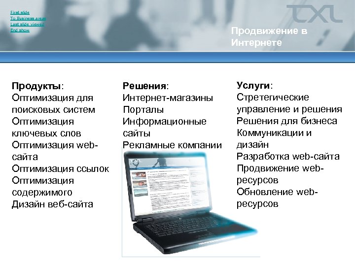 First slide To Business areas Last slide viewed End show Продукты: Оптимизация для поисковых