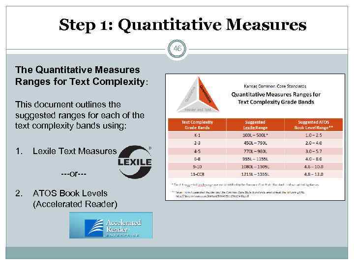 Step 1: Quantitative Measures 46 The Quantitative Measures Ranges for Text Complexity: This document