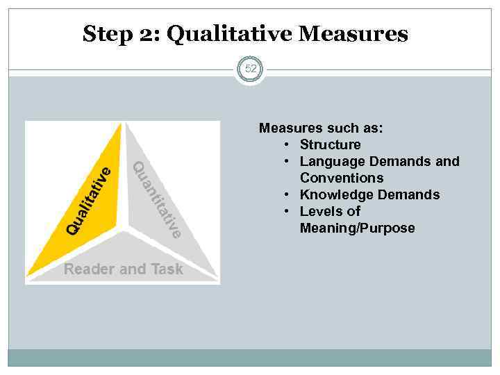 Step 2: Qualitative Measures 52 Measures such as: • Structure • Language Demands and