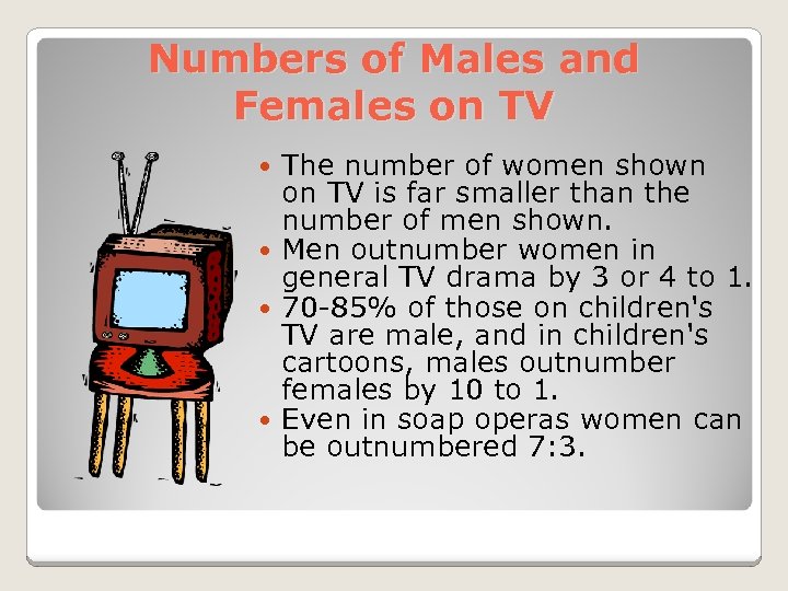 Numbers of Males and Females on TV The number of women shown on TV