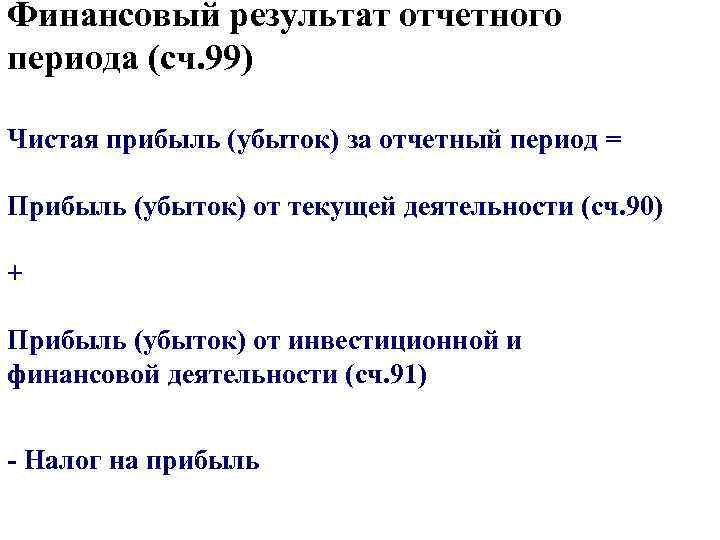 Финансовый результат отчетного периода (сч. 99) Чистая прибыль (убыток) за отчетный период = Прибыль