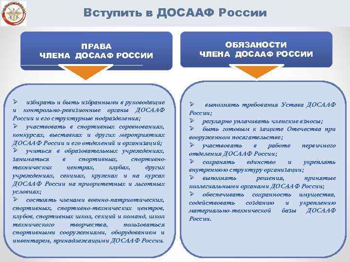 Вступить в ДОСААФ России ПРАВА ЧЛЕНА ДОСААФ РОССИИ Ø избирать и быть избранными в