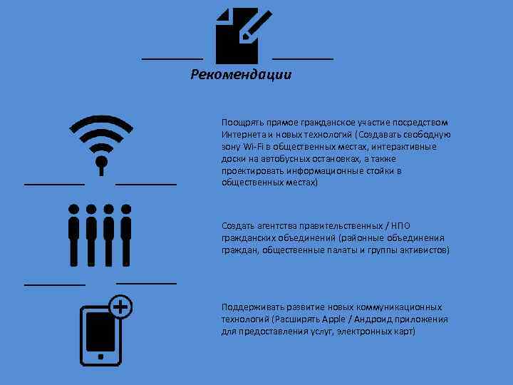 Рекомендации Поощрять прямое гражданское участие посредством Интернета и новых технологий (Создавать свободную зону Wi-Fi