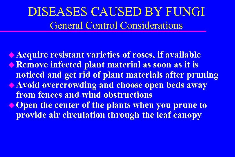 DISEASES CAUSED BY FUNGI General Control Considerations u Acquire u Remove resistant varieties of